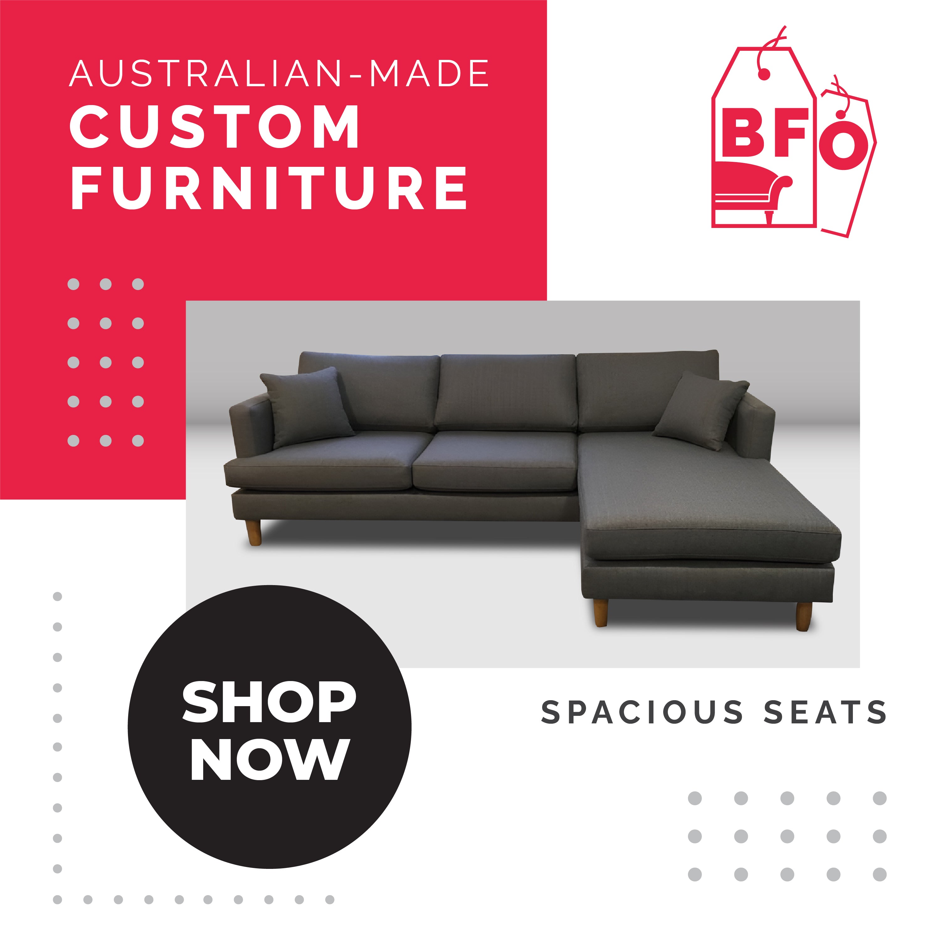 Oz Style Corner Lounge with Chaise, Australian Made, Fabric Upholstered To Your Choice of Size & Colour