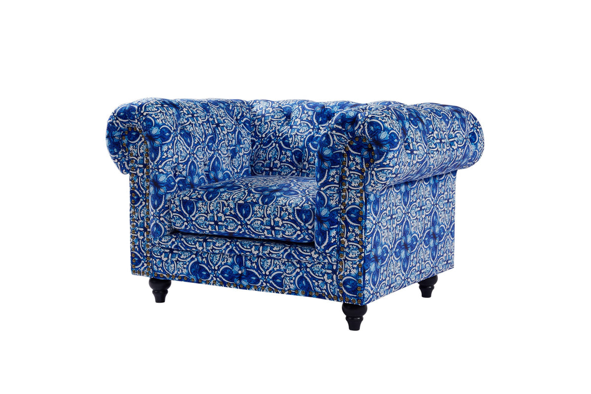 Chesterfield Blue & White Digital Print Arm Chair / 2 Seater / 3 Seater