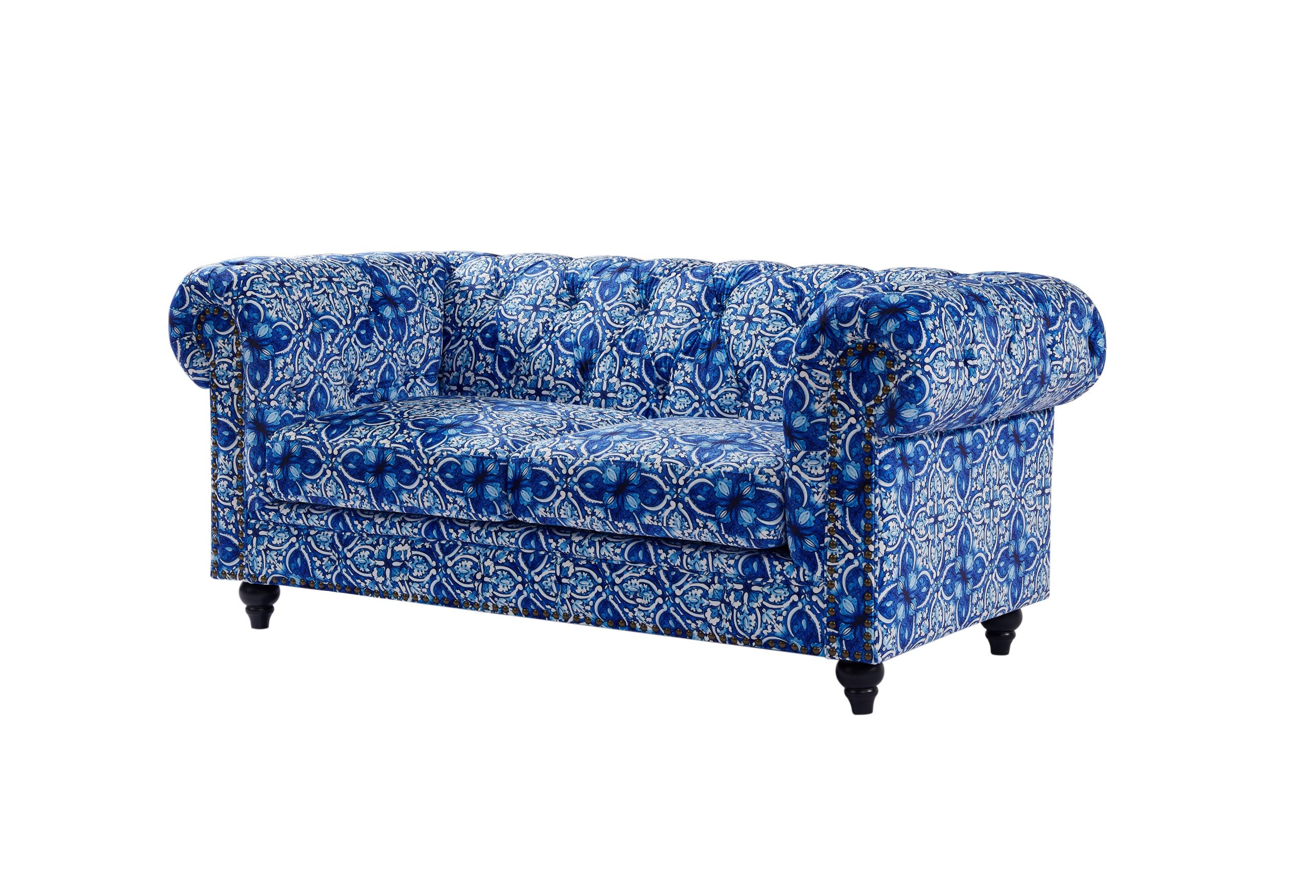 Chesterfield Blue & White Digital Print Arm Chair / 2 Seater / 3 Seater