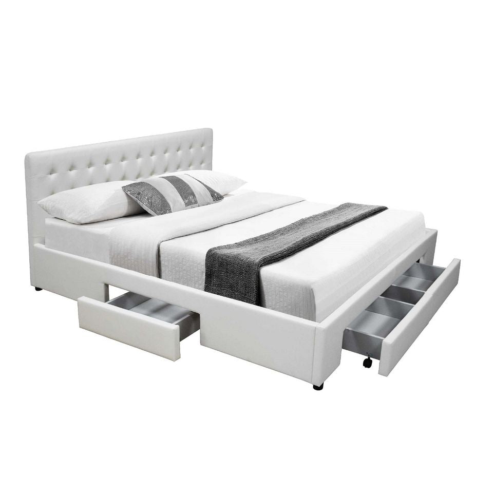 Julie PU Leather Bed with Drawers - White / Black - Double / Queen