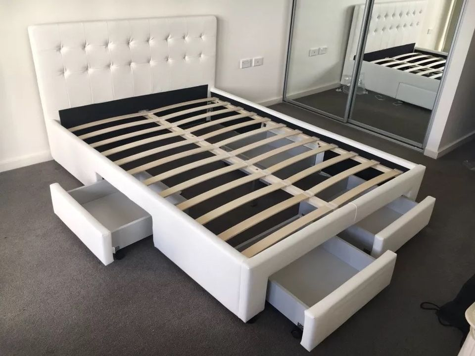 Julie PU Leather Bed with Drawers - White / Black - Double / Queen