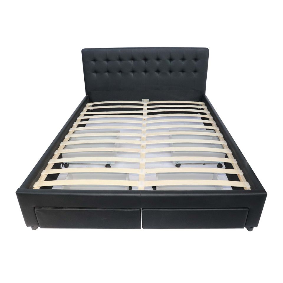 Julie PU Leather Bed with Drawers - White / Black - Double / Queen