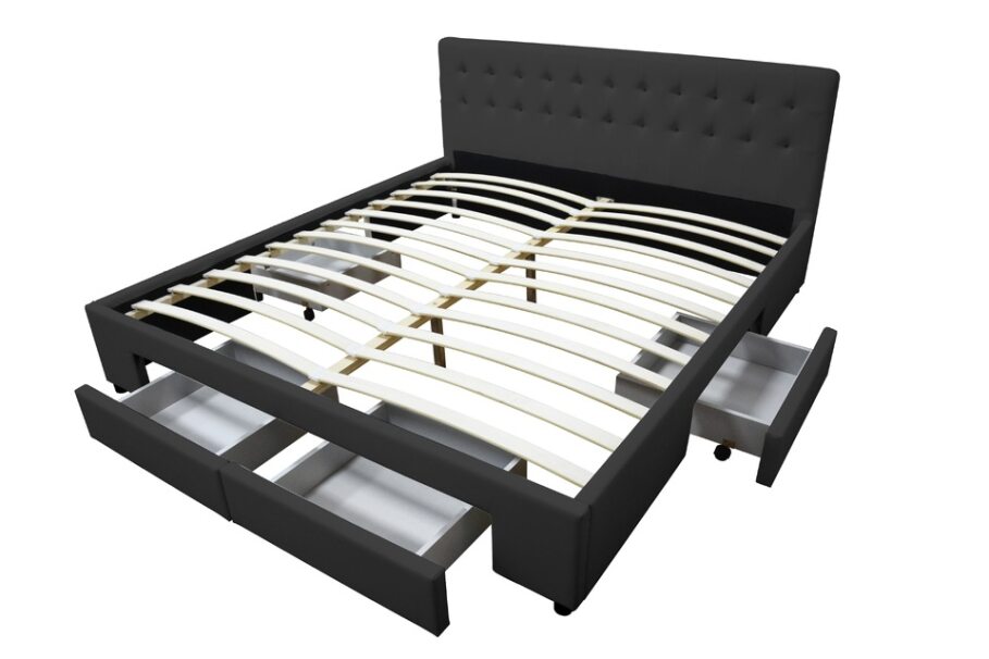 Julie PU Leather Bed with Drawers - White / Black - Double / Queen