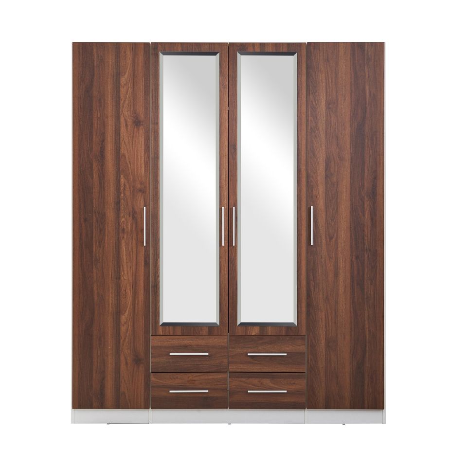 Zetland Wardrobe 4 Door 4 Drawer with Mirror - Walnut